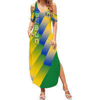 Gabon Flag Colors Family Matching Summer Maxi Dress and Hawaiian Shirt with National Coat of Arms and Vertical Text Design