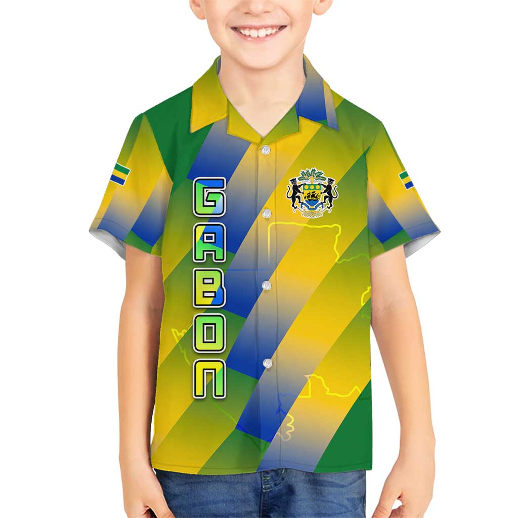 Gabon Flag Colors Family Matching Summer Maxi Dress and Hawaiian Shirt with National Coat of Arms and Vertical Text Design