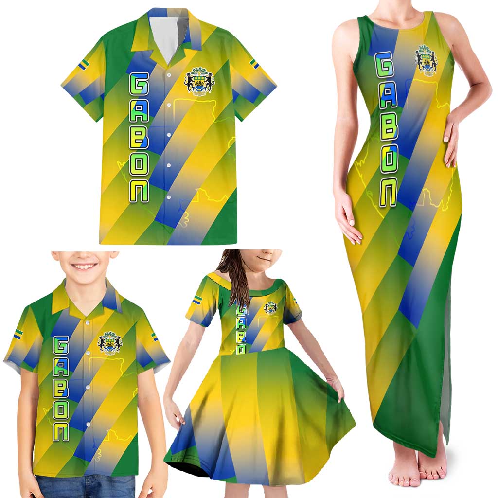 Gabon Flag Colors Family Matching Tank Maxi Dress and Hawaiian Shirt with National Coat of Arms and Vertical Text Design