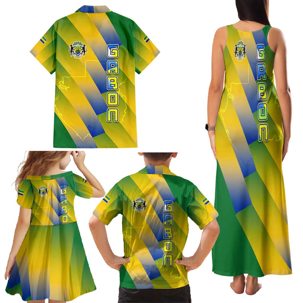Gabon Flag Colors Family Matching Tank Maxi Dress and Hawaiian Shirt with National Coat of Arms and Vertical Text Design