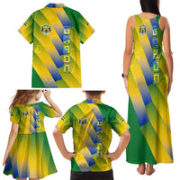 Gabon Flag Colors Family Matching Tank Maxi Dress and Hawaiian Shirt with National Coat of Arms and Vertical Text Design