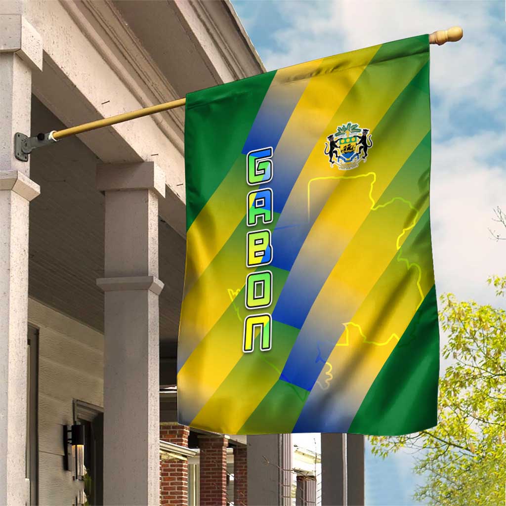 Gabon Flag Colors Garden Flag with National Coat of Arms and Vertical Text Design