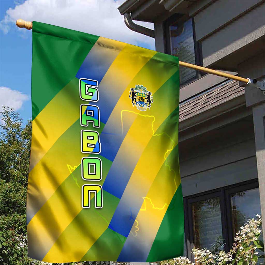 Gabon Flag Colors Garden Flag with National Coat of Arms and Vertical Text Design