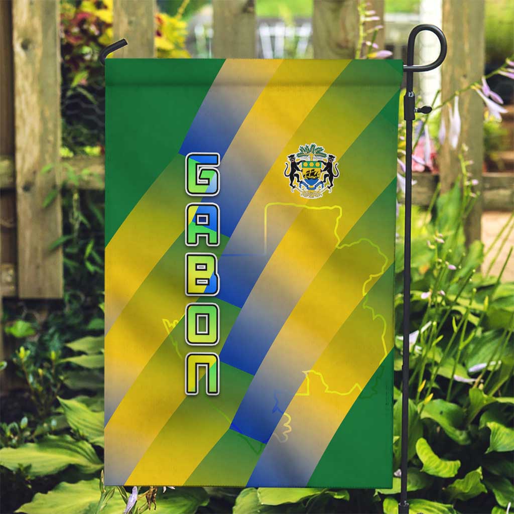Gabon Flag Colors Garden Flag with National Coat of Arms and Vertical Text Design