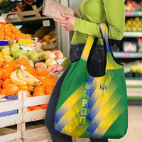 Gabon Flag Colors Grocery Bag with National Coat of Arms and Vertical Text Design