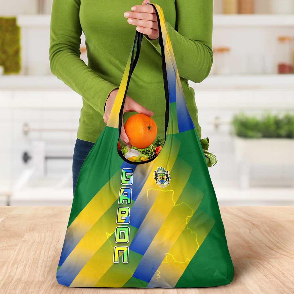 Gabon Flag Colors Grocery Bag with National Coat of Arms and Vertical Text Design