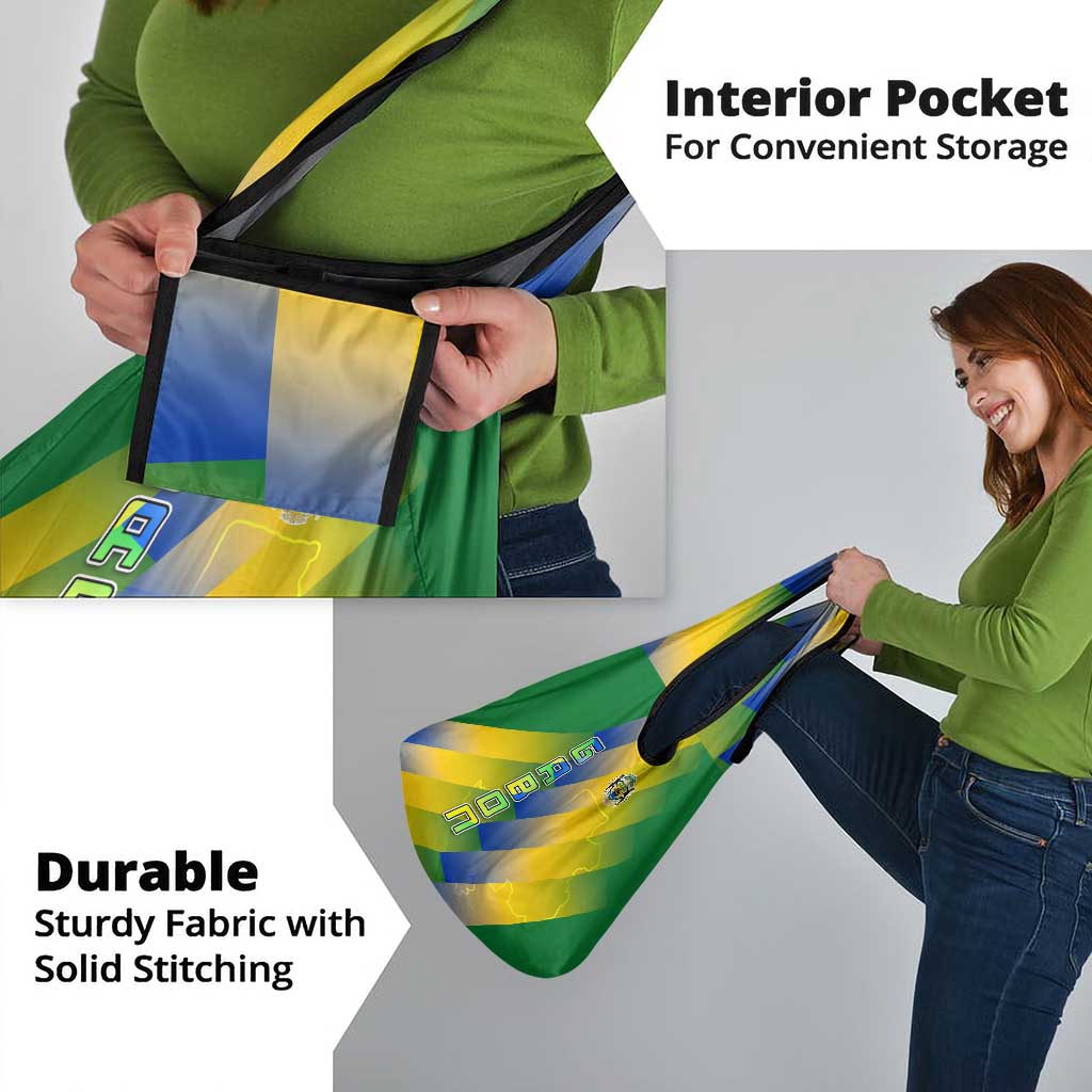 Gabon Flag Colors Grocery Bag with National Coat of Arms and Vertical Text Design