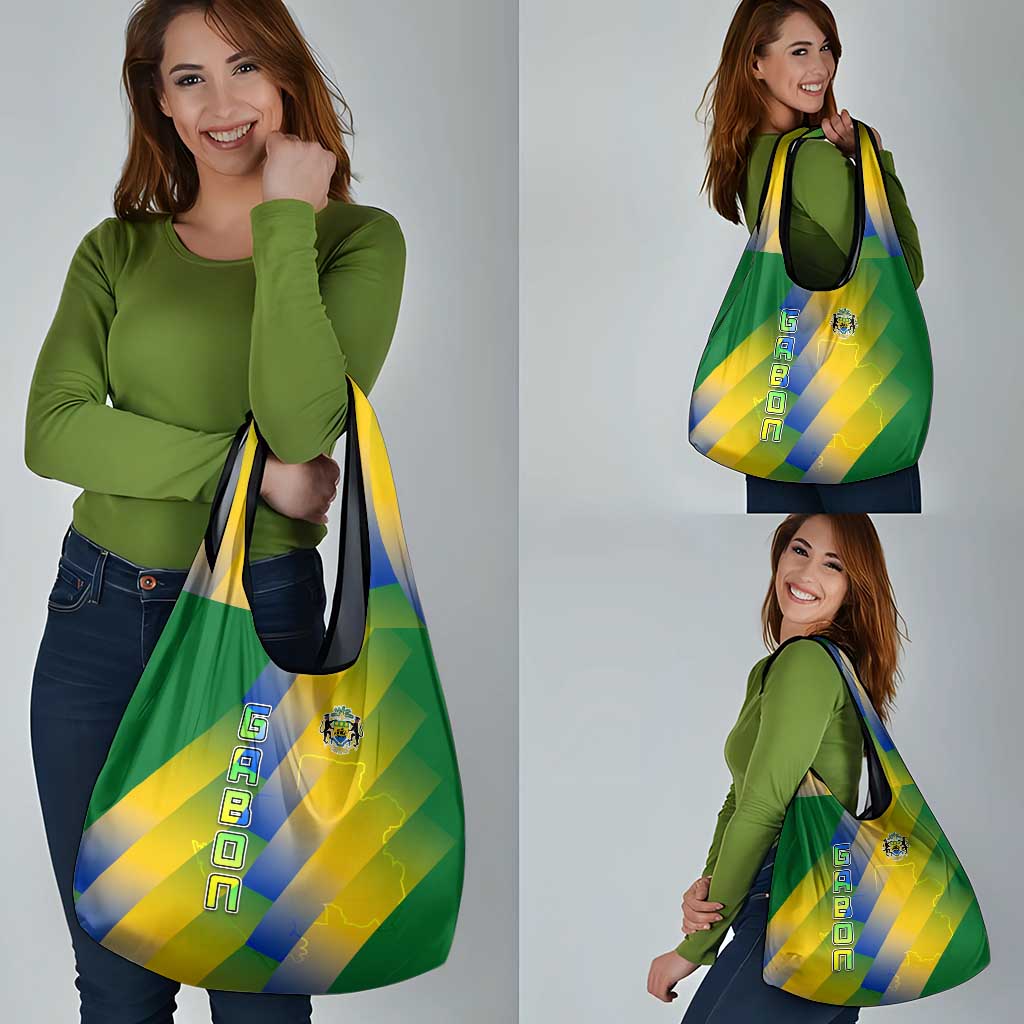 Gabon Flag Colors Grocery Bag with National Coat of Arms and Vertical Text Design