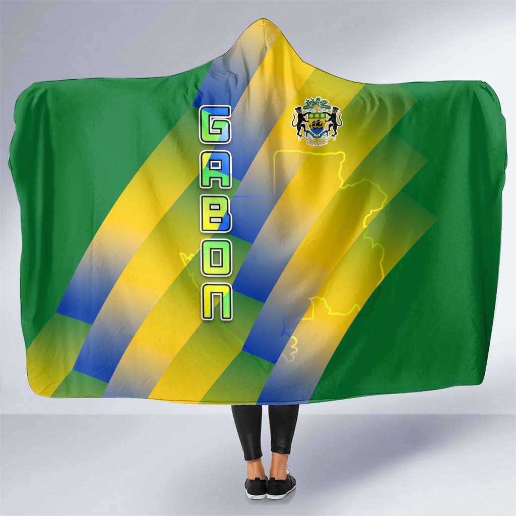 Gabon Flag Colors Hooded Blanket with National Coat of Arms and Vertical Text Design