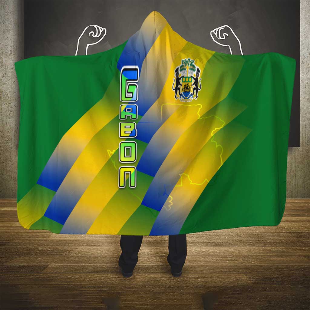 Gabon Flag Colors Hooded Blanket with National Coat of Arms and Vertical Text Design
