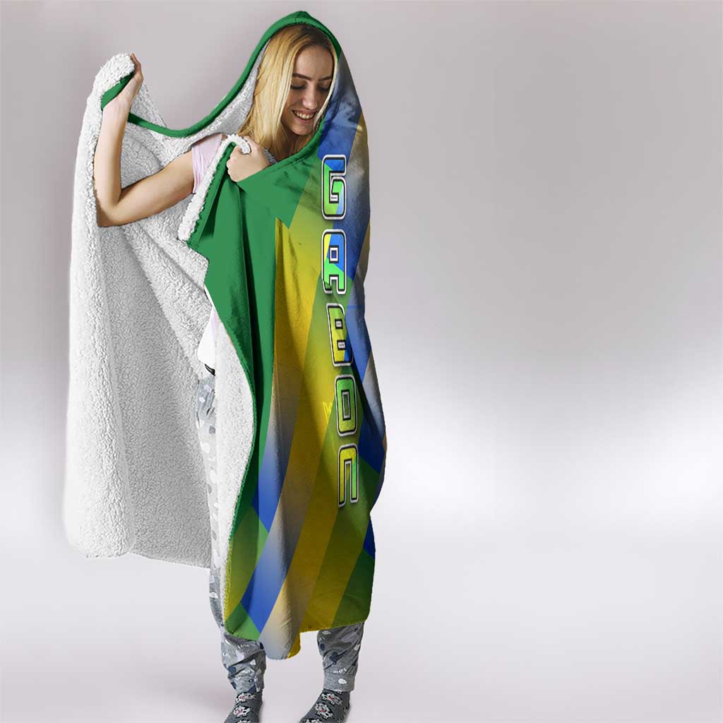 Gabon Flag Colors Hooded Blanket with National Coat of Arms and Vertical Text Design
