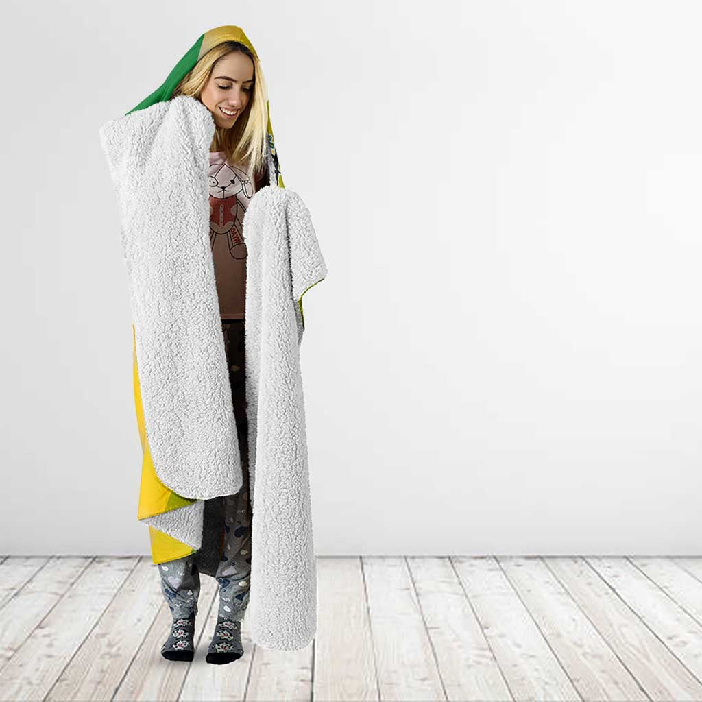 Gabon Flag Colors Hooded Blanket with National Coat of Arms and Vertical Text Design