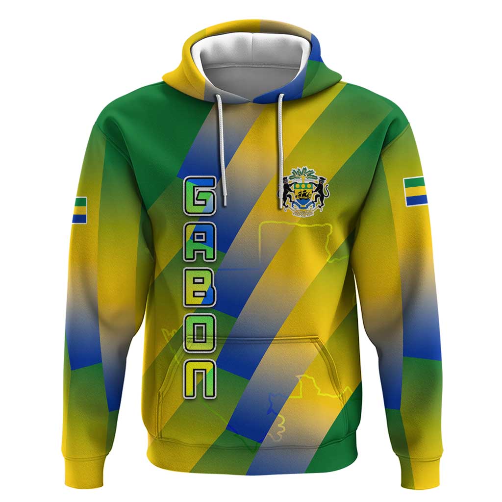 Gabon Flag Colors Hoodie with National Coat of Arms and Vertical Text Design