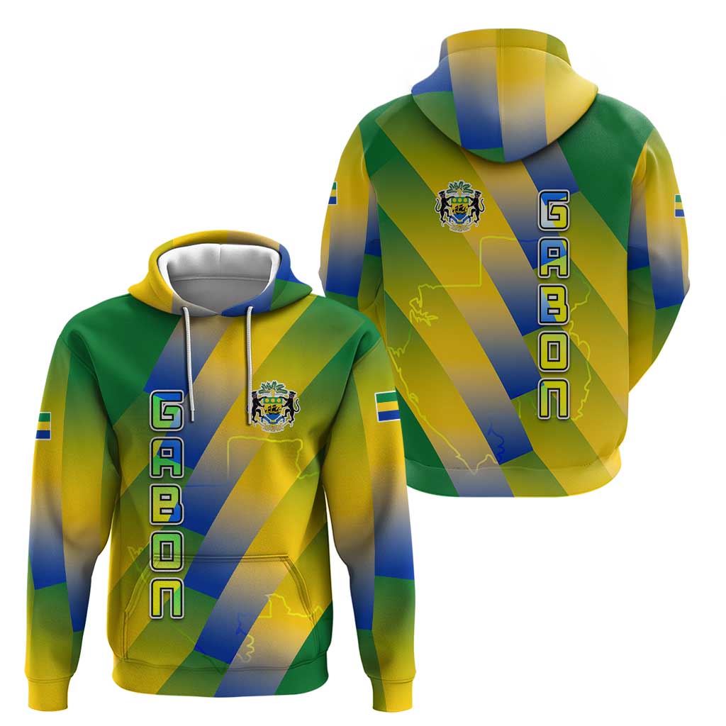Gabon Flag Colors Hoodie with National Coat of Arms and Vertical Text Design