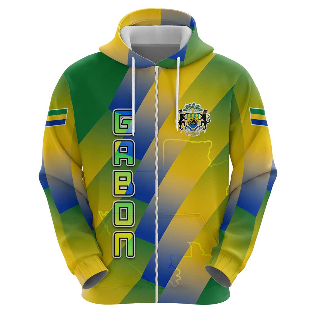 Gabon Flag Colors Hoodie with National Coat of Arms and Vertical Text Design