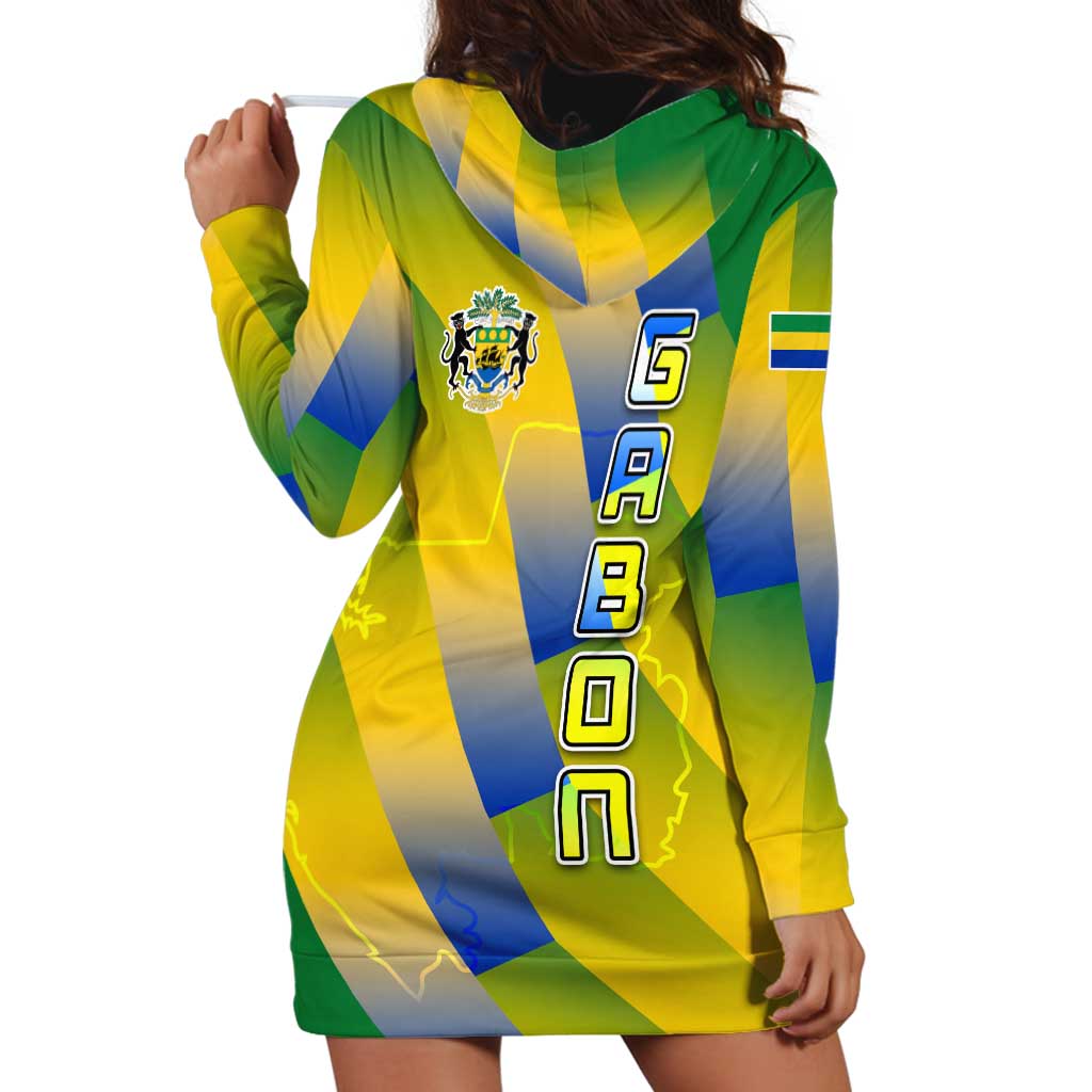 Gabon Flag Colors Hoodie Dress with National Coat of Arms and Vertical Text Design
