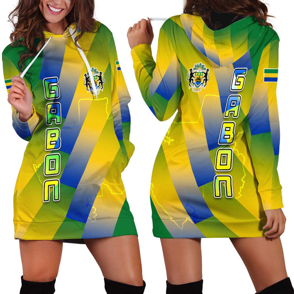 Gabon Flag Colors Hoodie Dress with National Coat of Arms and Vertical Text Design