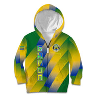 Gabon Flag Colors Kid Hoodie with National Coat of Arms and Vertical Text Design