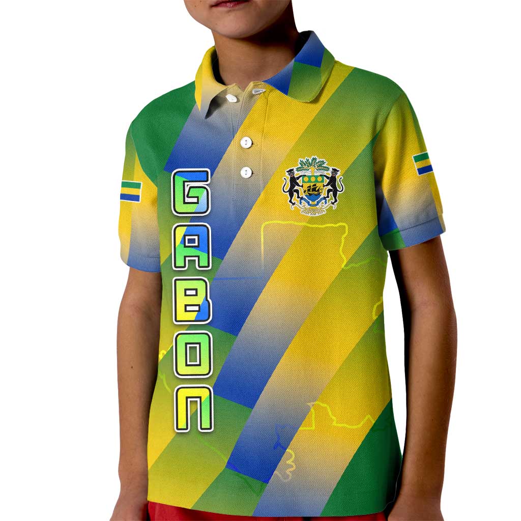 Gabon Flag Colors Kid Polo Shirt with National Coat of Arms and Vertical Text Design