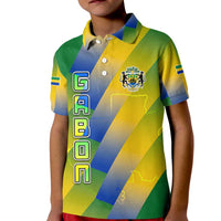 Gabon Flag Colors Kid Polo Shirt with National Coat of Arms and Vertical Text Design
