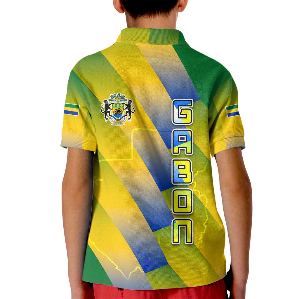 Gabon Flag Colors Kid Polo Shirt with National Coat of Arms and Vertical Text Design