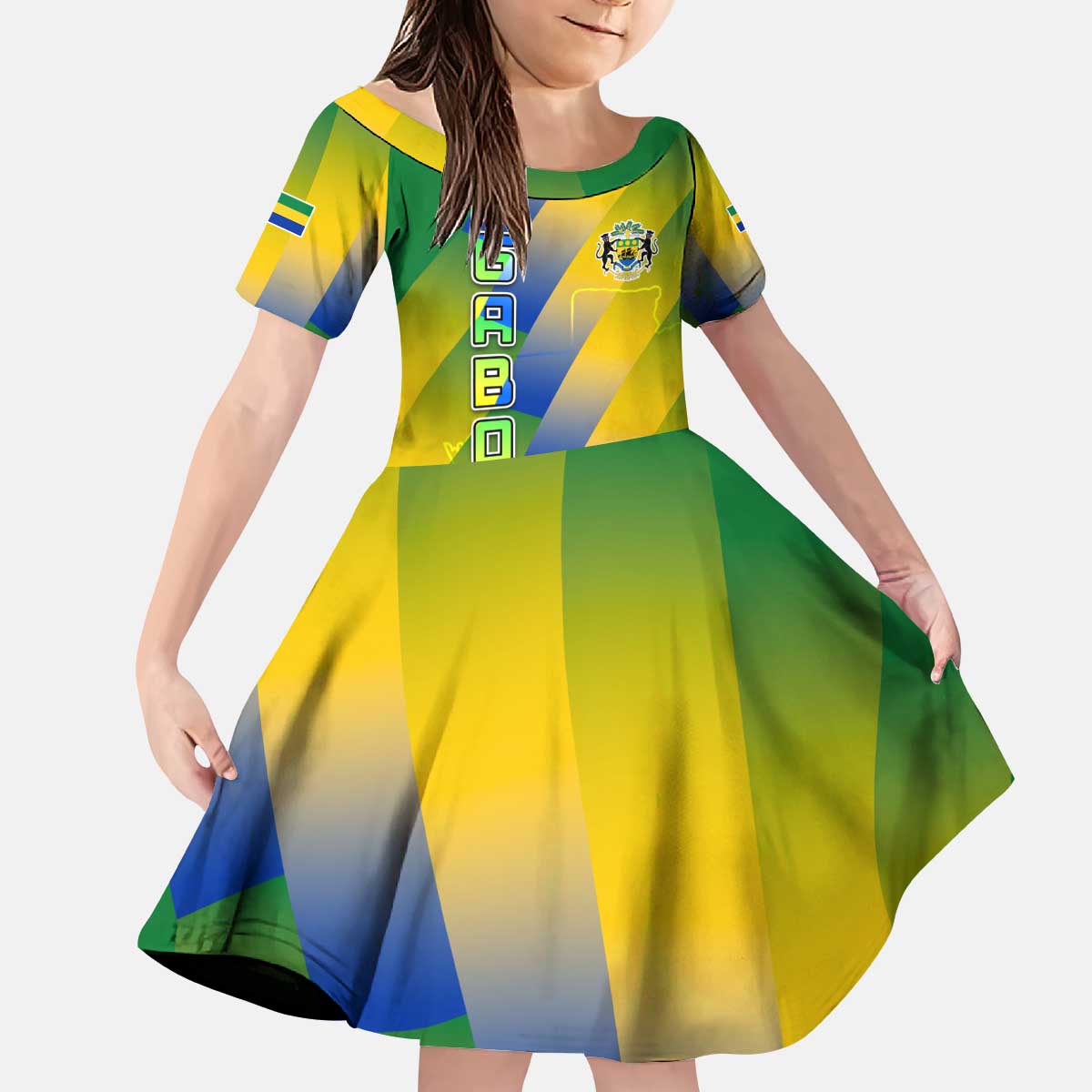Gabon Flag Colors Kid Short Sleeve Dress with National Coat of Arms and Vertical Text Design