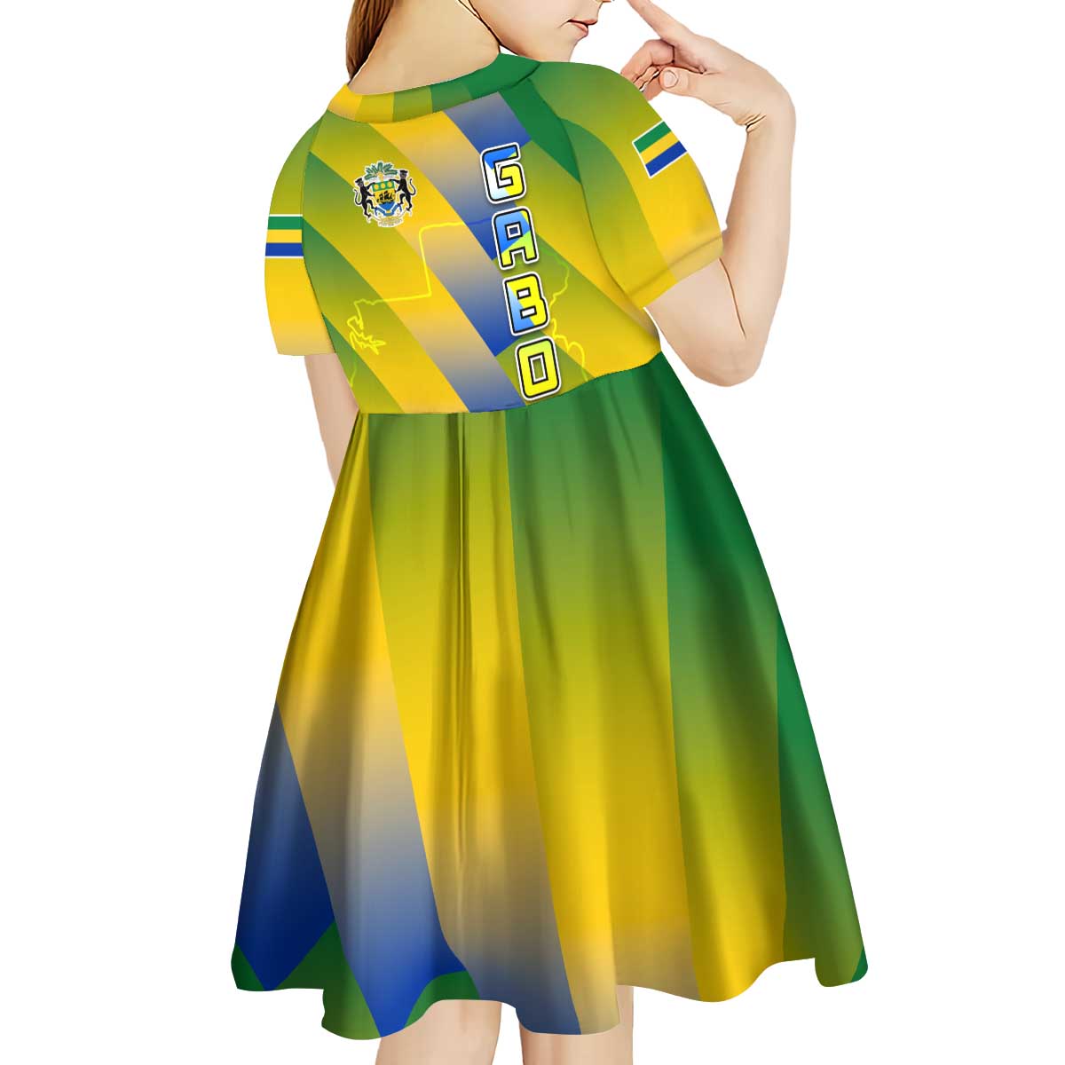 Gabon Flag Colors Kid Short Sleeve Dress with National Coat of Arms and Vertical Text Design