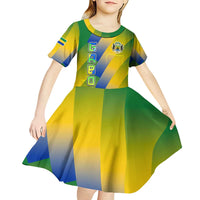 Gabon Flag Colors Kid Short Sleeve Dress with National Coat of Arms and Vertical Text Design