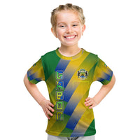 Gabon Flag Colors Kid T Shirt with National Coat of Arms and Vertical Text Design