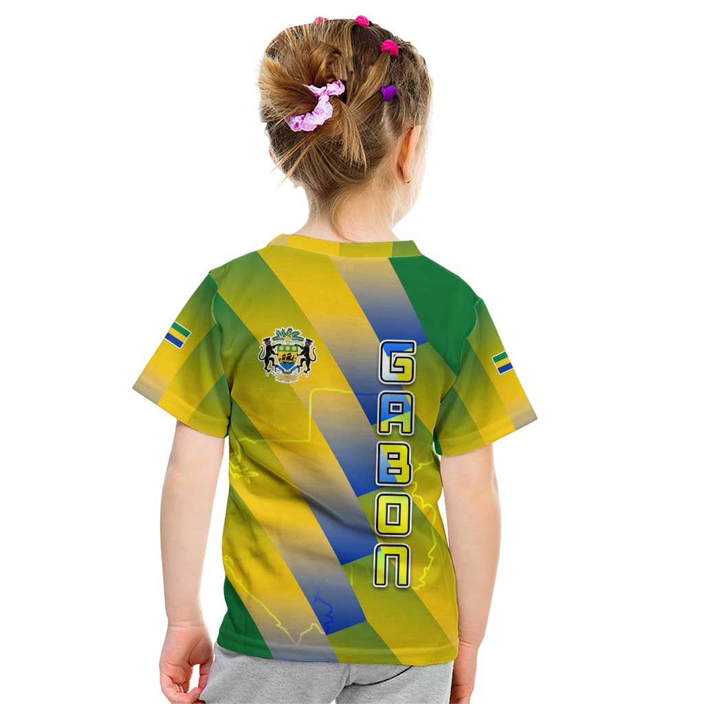 Gabon Flag Colors Kid T Shirt with National Coat of Arms and Vertical Text Design