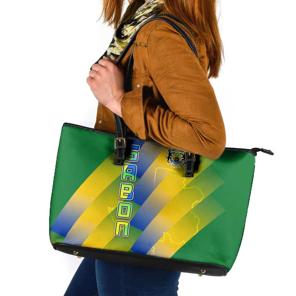 Gabon Flag Colors Leather Tote Bag with National Coat of Arms and Vertical Text Design