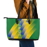 Gabon Flag Colors Leather Tote Bag with National Coat of Arms and Vertical Text Design