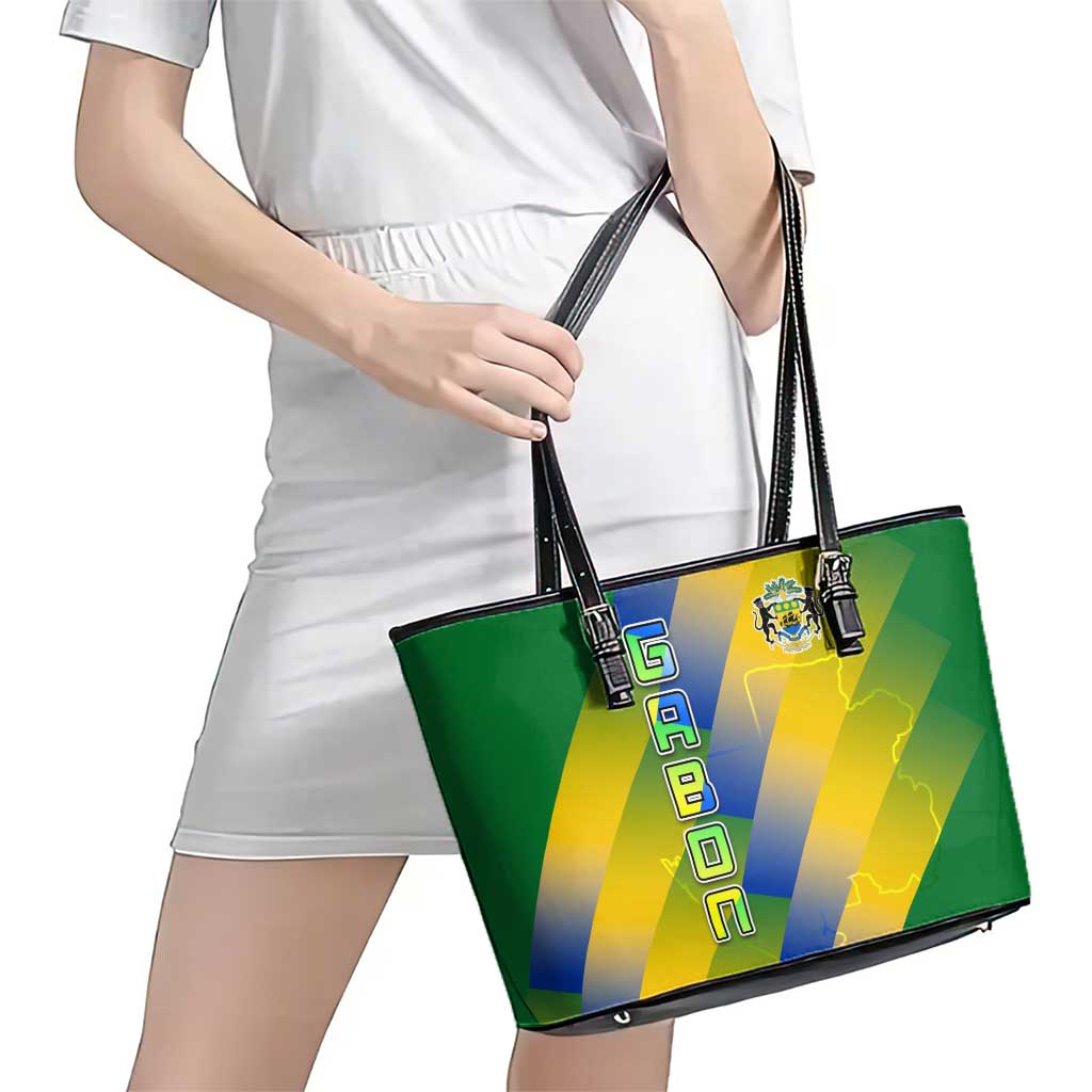 Gabon Flag Colors Leather Tote Bag with National Coat of Arms and Vertical Text Design