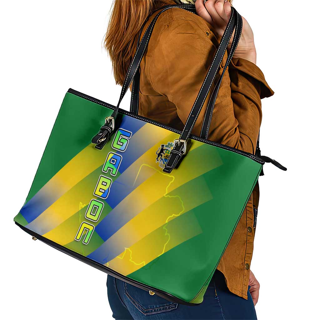 Gabon Flag Colors Leather Tote Bag with National Coat of Arms and Vertical Text Design