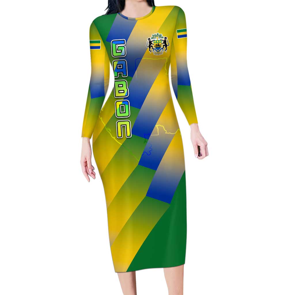 Gabon Flag Colors Long Sleeve Bodycon Dress with National Coat of Arms and Vertical Text Design