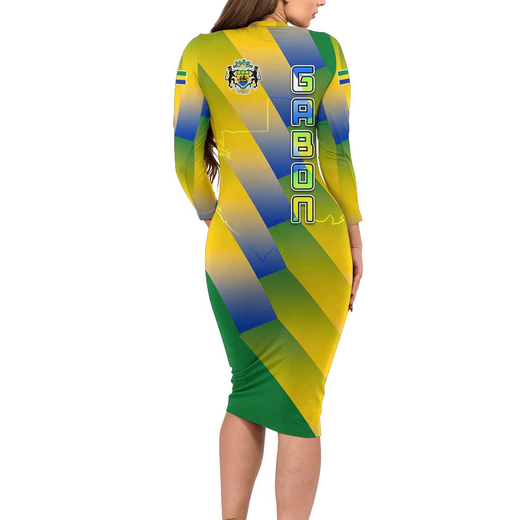 Gabon Flag Colors Long Sleeve Bodycon Dress with National Coat of Arms and Vertical Text Design