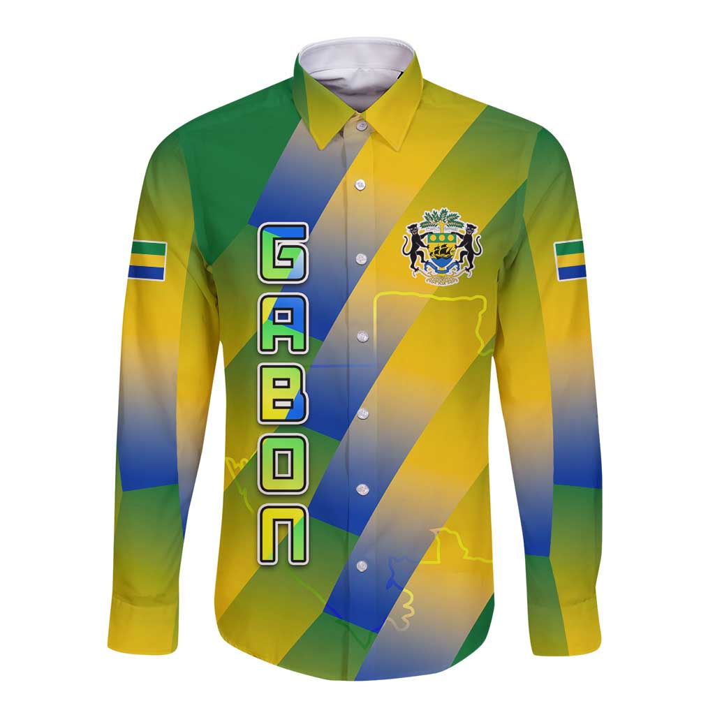 Gabon Flag Colors Long Sleeve Button Shirt with National Coat of Arms and Vertical Text Design