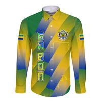 Gabon Flag Colors Long Sleeve Button Shirt with National Coat of Arms and Vertical Text Design