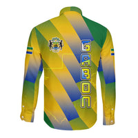 Gabon Flag Colors Long Sleeve Button Shirt with National Coat of Arms and Vertical Text Design