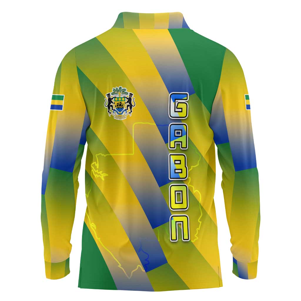 Gabon Flag Colors Long Sleeve Polo Shirt with National Coat of Arms and Vertical Text Design