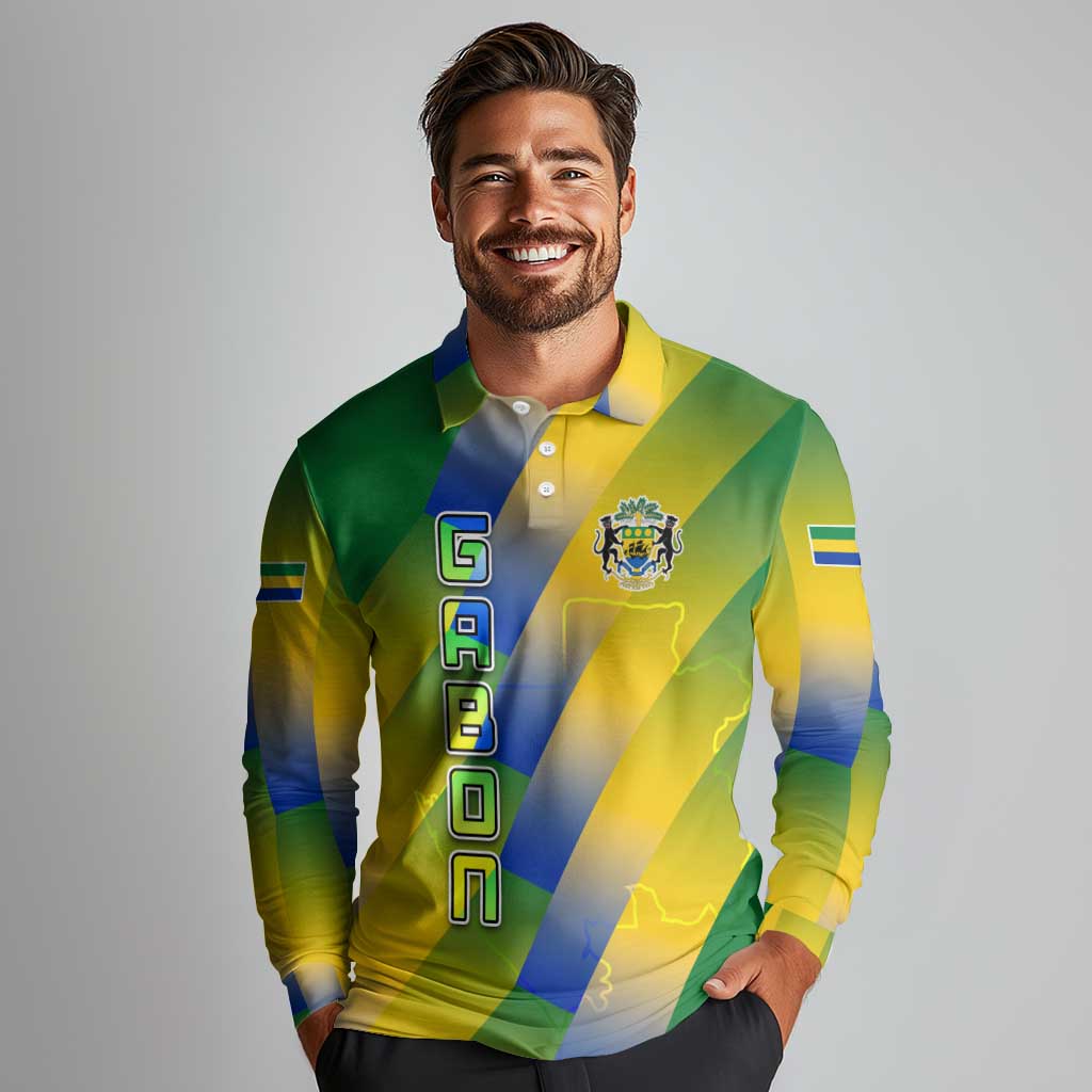Gabon Flag Colors Long Sleeve Polo Shirt with National Coat of Arms and Vertical Text Design
