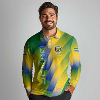 Gabon Flag Colors Long Sleeve Polo Shirt with National Coat of Arms and Vertical Text Design