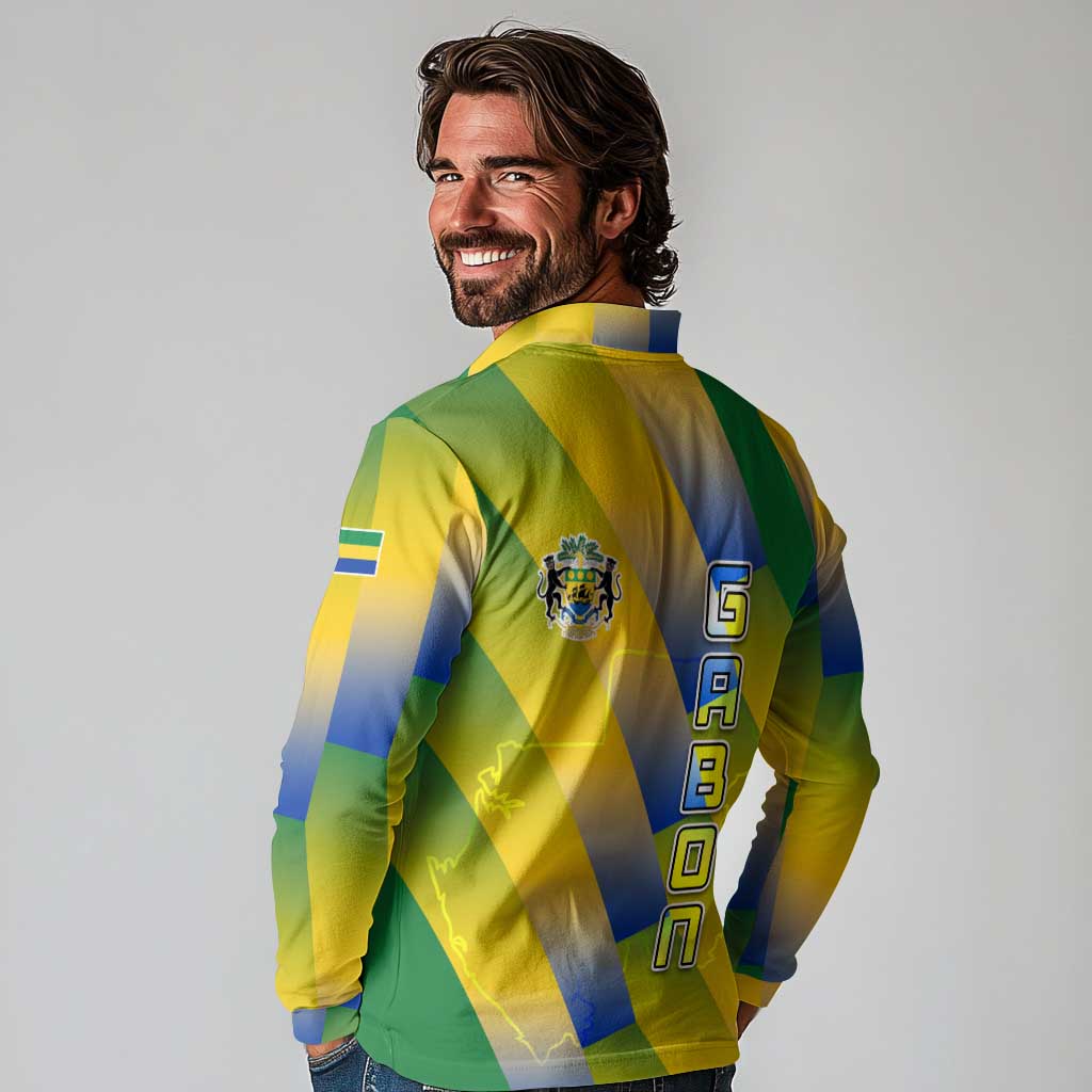 Gabon Flag Colors Long Sleeve Polo Shirt with National Coat of Arms and Vertical Text Design