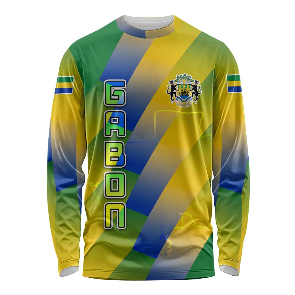 Gabon Flag Colors Long Sleeve Shirt with National Coat of Arms and Vertical Text Design