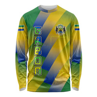 Gabon Flag Colors Long Sleeve Shirt with National Coat of Arms and Vertical Text Design