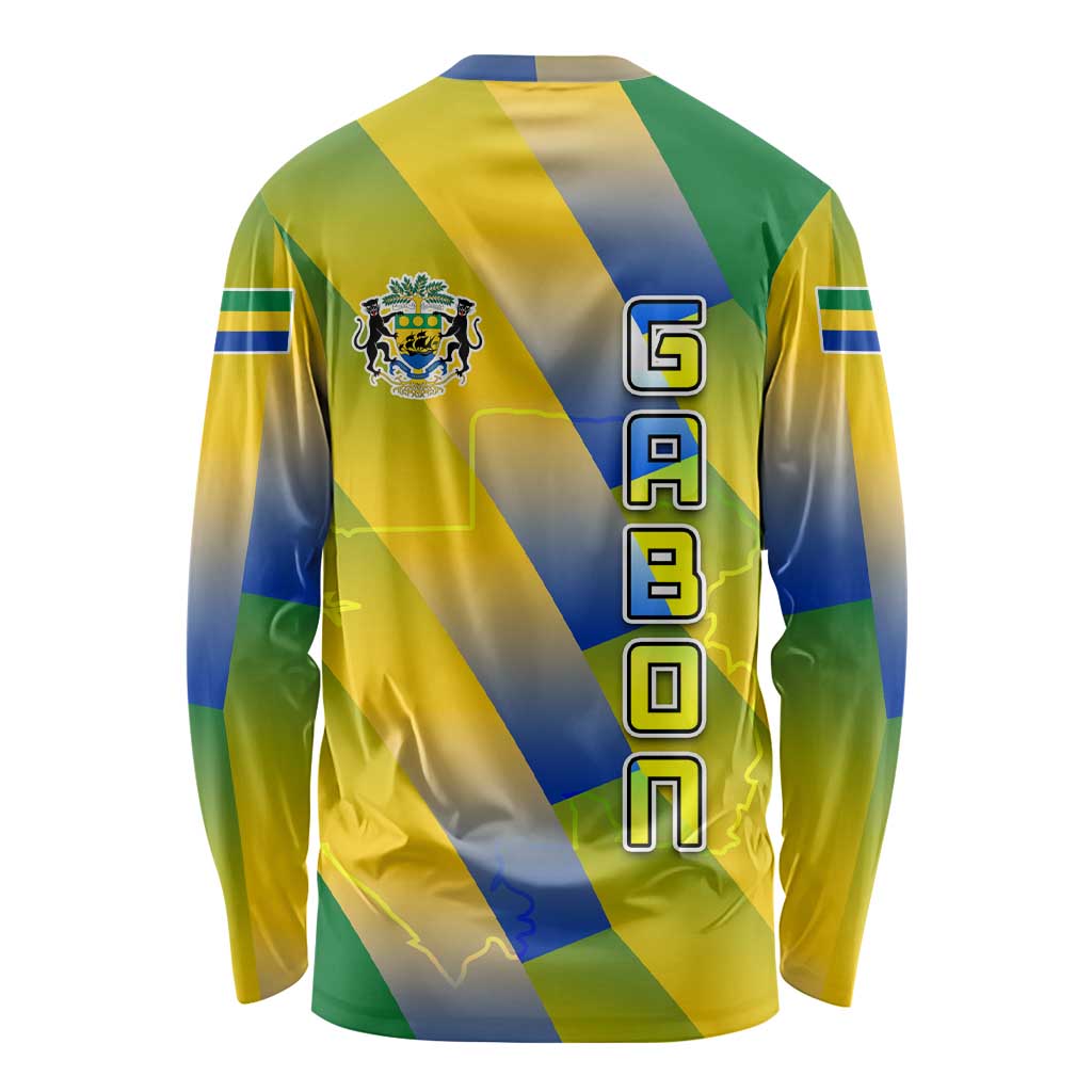 Gabon Flag Colors Long Sleeve Shirt with National Coat of Arms and Vertical Text Design