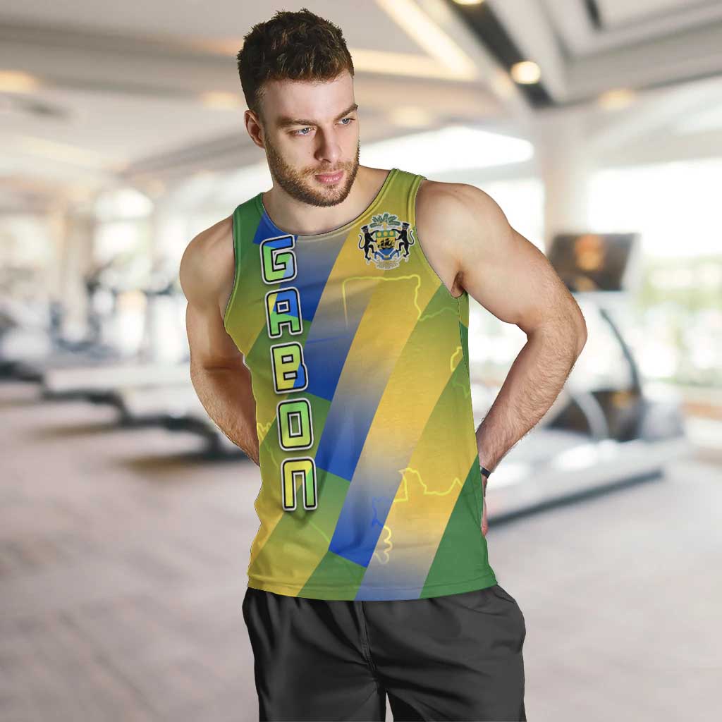 Gabon Flag Colors Men Tank Top with National Coat of Arms and Vertical Text Design