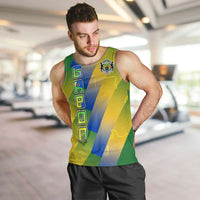 Gabon Flag Colors Men Tank Top with National Coat of Arms and Vertical Text Design