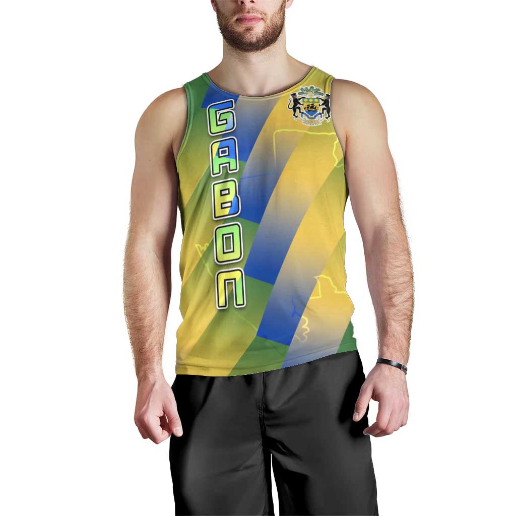 Gabon Flag Colors Men Tank Top with National Coat of Arms and Vertical Text Design
