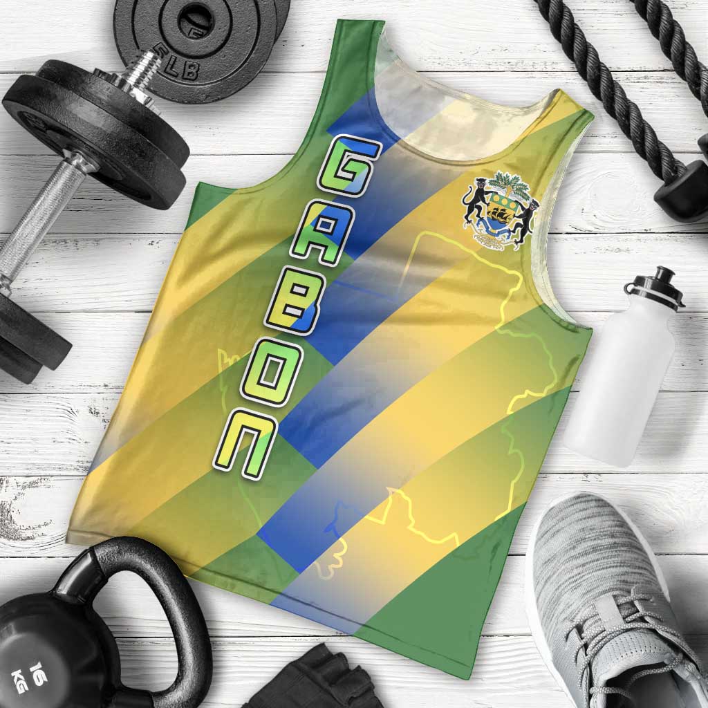Gabon Flag Colors Men Tank Top with National Coat of Arms and Vertical Text Design